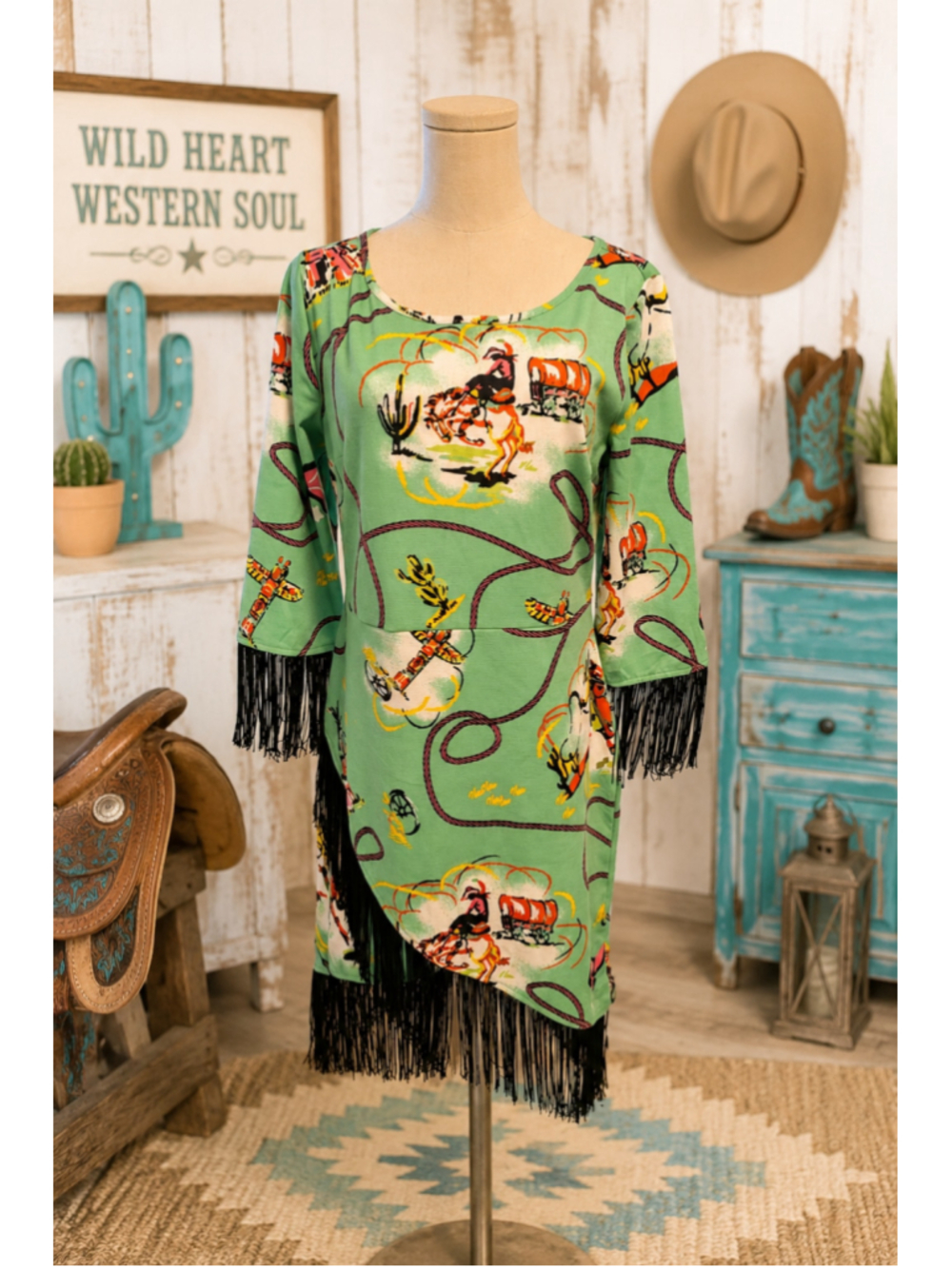 Wrangler Green Rodeo Cowboy Fringe Western Dress Medium